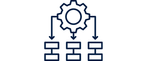 A central gear icon connected by arrows pointing downward to three pairs of rectangular blocks representing an organized structure.