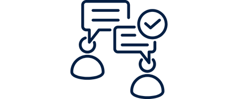 Outline of two people communicating with speech bubbles, one containing a checkmark symbolizing clear communication.