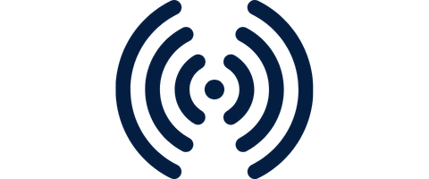 Dark blue signal waves icon representing wireless communication or broadcast.