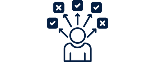 Outline of a person with arrows pointing to boxes containing check marks and X marks representing options or decisions.
