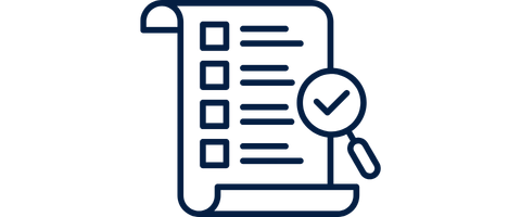 Checklist document icon with a magnifying glass highlighting a checkmark.