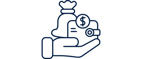 Line drawing of a hand holding a money bag, coin with dollar sign, and a wallet representing affordability.