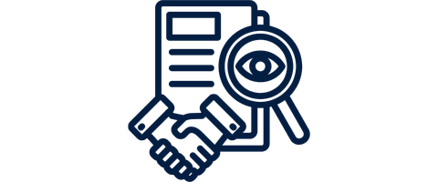 Icon of a document with a handshake and magnifying glass featuring an eye symbol.