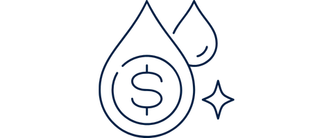 Two outlined water drops with a dollar sign inside the larger drop and a sparkle beside them.