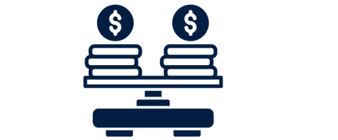 Scale balancing two stacks of coins with dollar symbols above each stack.