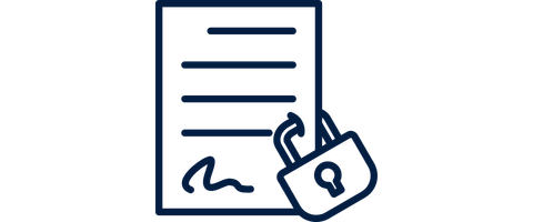 Document icon with lines, signature, and a padlock symbolizing secured or confidential information.