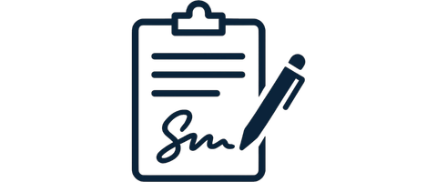 Clipboard with a document showing lines of text and a pen signing a signature.