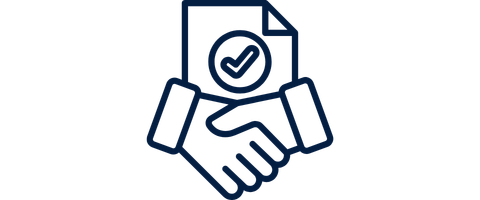 Icon of two hands shaking in front of a document with a checkmark symbolizing informed consent or agreement.