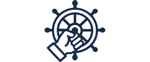 Hand gripping a ship's steering wheel symbolizing taking control.