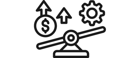 Illustration of a lever balancing dollar sign and gear icons with upward arrows above the dollar sign.