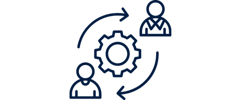 Icon showing two people exchanging roles around a central gear with arrows indicating a circular flow.