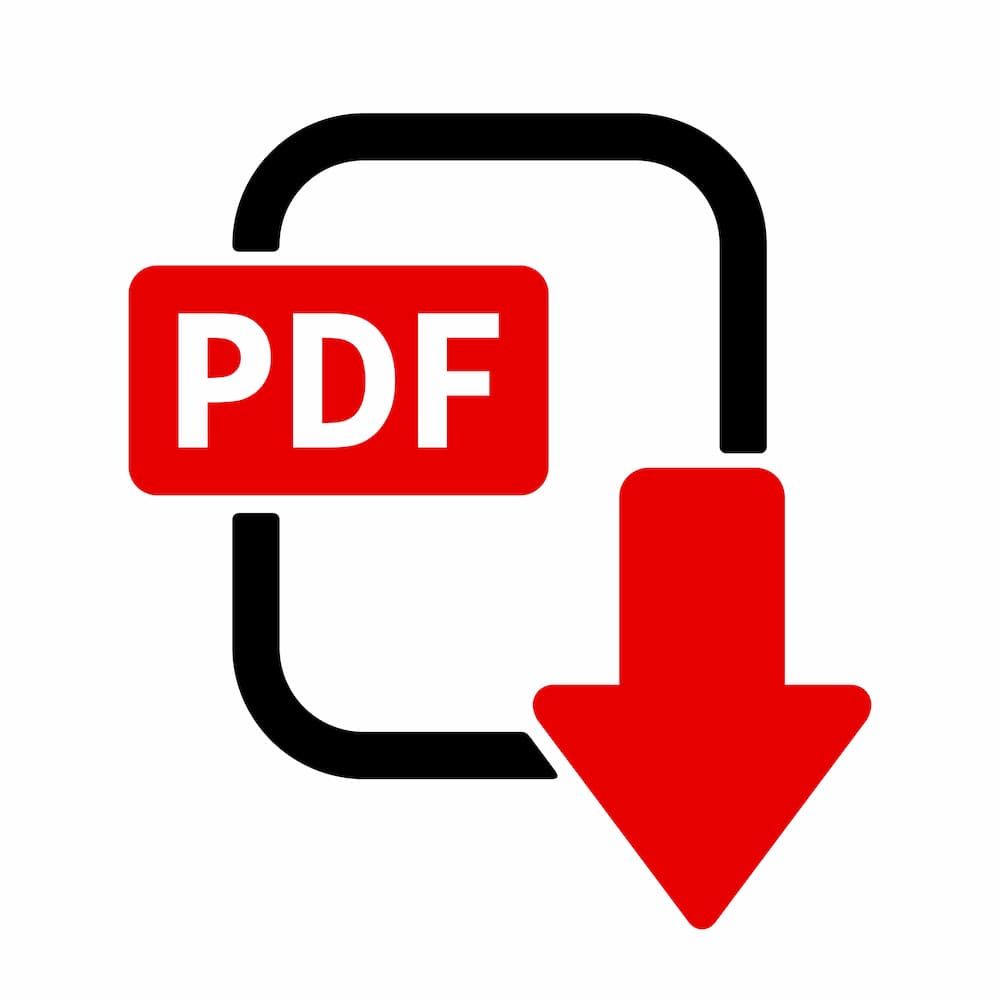 Red PDF text icon with a downward arrow indicating PDF file download.