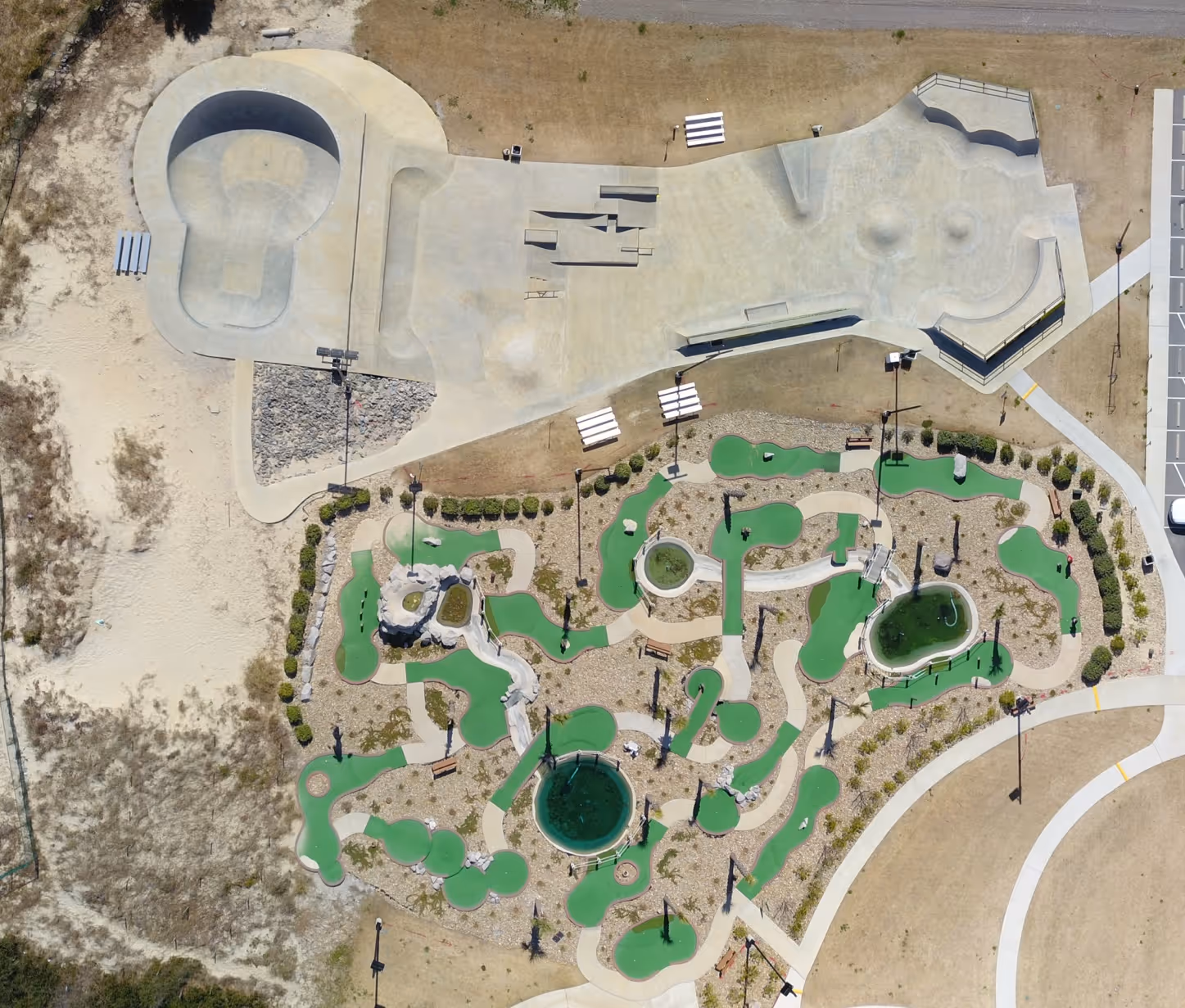 aerial photo of a skate park and miniature golf course