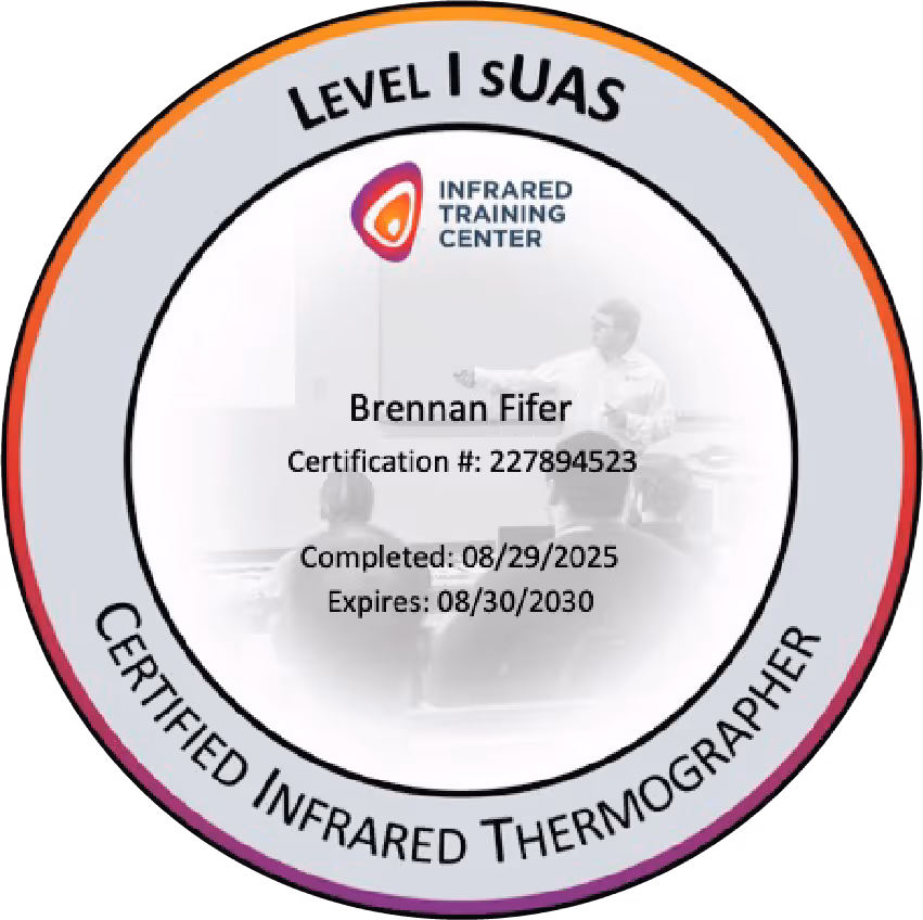 Certified Infrared Thermographer Level 1 sUAS certification badge.
