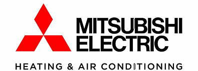 Mitsubishi Electric logo with red three-diamond emblem and text 'HEATING & AIR CONDITIONING' underneath.
