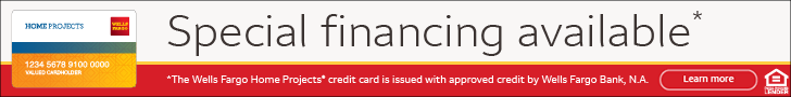 Wells Fargo Home Projects credit card image with text offering special financing available and a Learn more button.