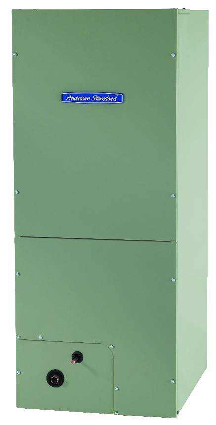 Green American Standard air handler unit with front panel and two circular pipe connections at the bottom.