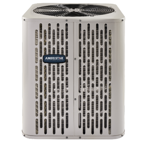 Ameristar branded outdoor air conditioning unit with vertical ventilation slots and top fan.