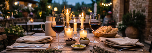 A candlelit dinner table set with a bottle of Luna Nuda Red Blend