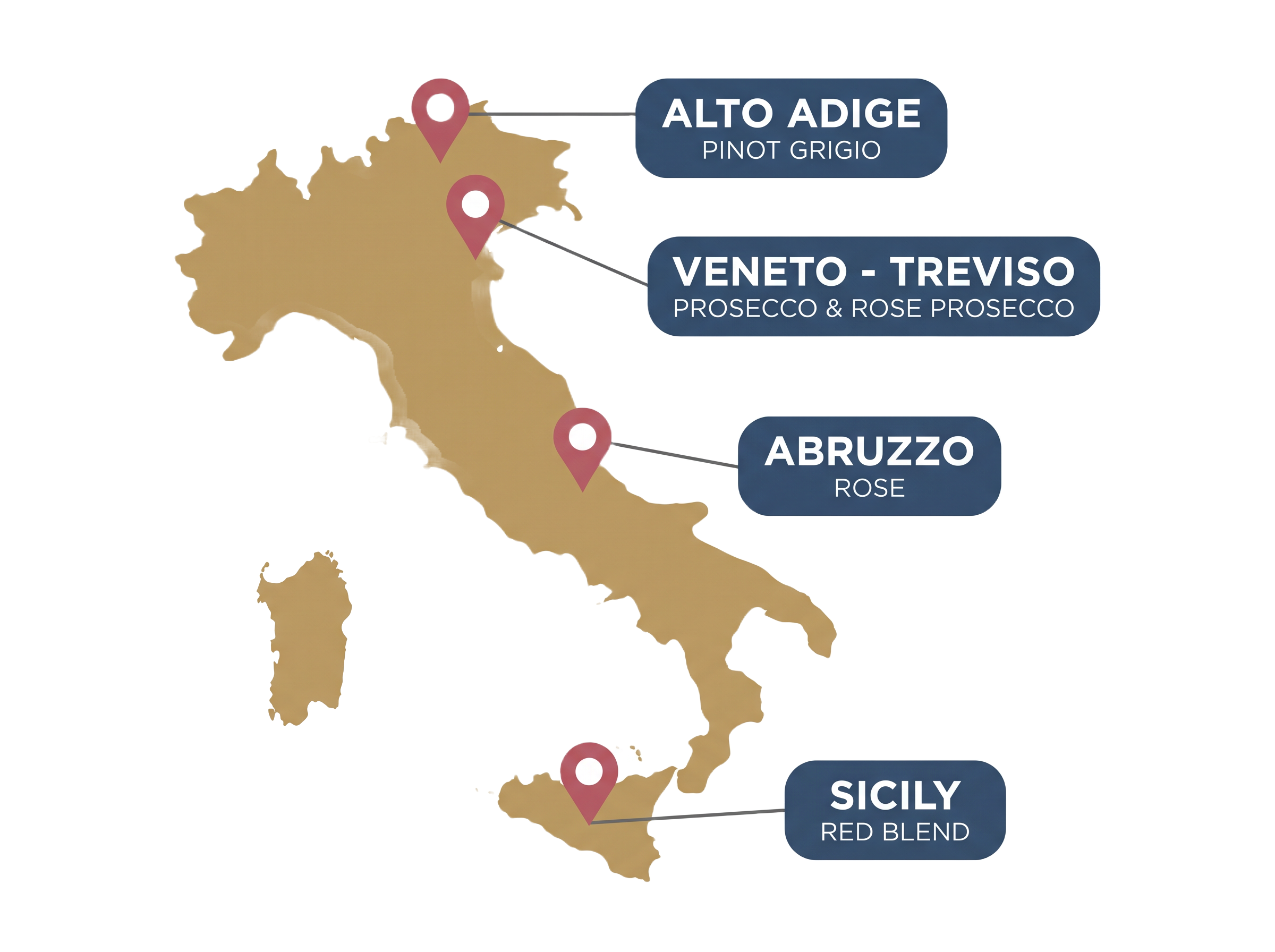 Map of Italy marking the four Luna Nuda growing regions: Alto Adige, Treviso, Abruzzo and Sicily