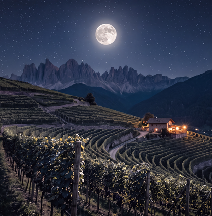 A full moon rising over terraced vineyards in the Alto Adige mountains at night