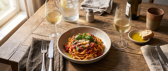 Rustic table setting with a bowl of pasta and glasses of white wine