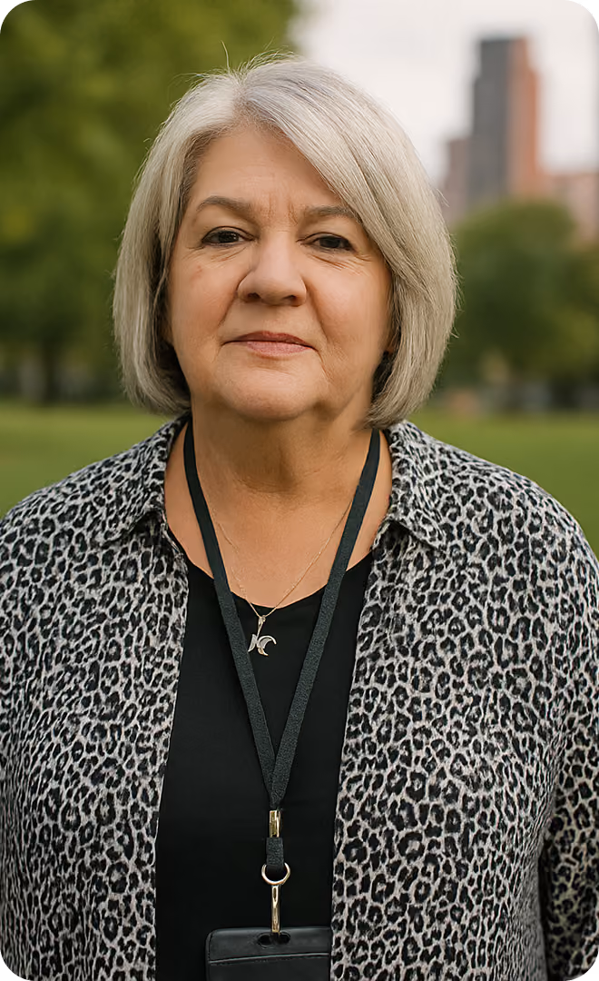 Portrait of an older woman with short gray hair wearing a black and white leopard print shirt and a black lanyard with an ID card holder, standing outdoors with green trees and a blurred building in the background.