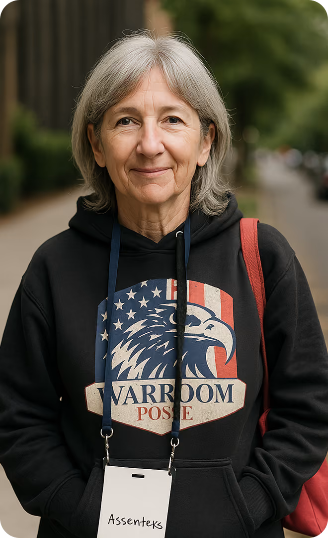 Older woman with gray hair wearing a black hoodie with an American flag and eagle graphic and the words 'WARROOM POSSE', standing outdoors with a red shoulder bag and a white badge labeled 'Assenteks'.