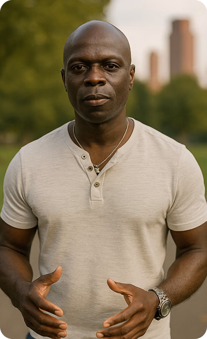Portrait of a serious bald man with dark skin wearing a beige short-sleeve henley shirt, a necklace, and a wristwatch, standing outdoors with blurred greenery and buildings in the background.