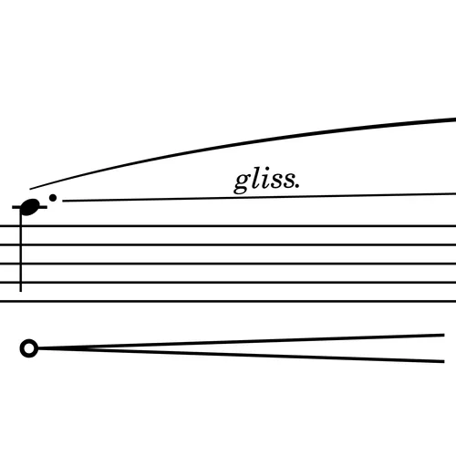 Fragmento de partitura musical que muestra una nota negra con glissando ascendente y una nota blanca con un decrescendo.