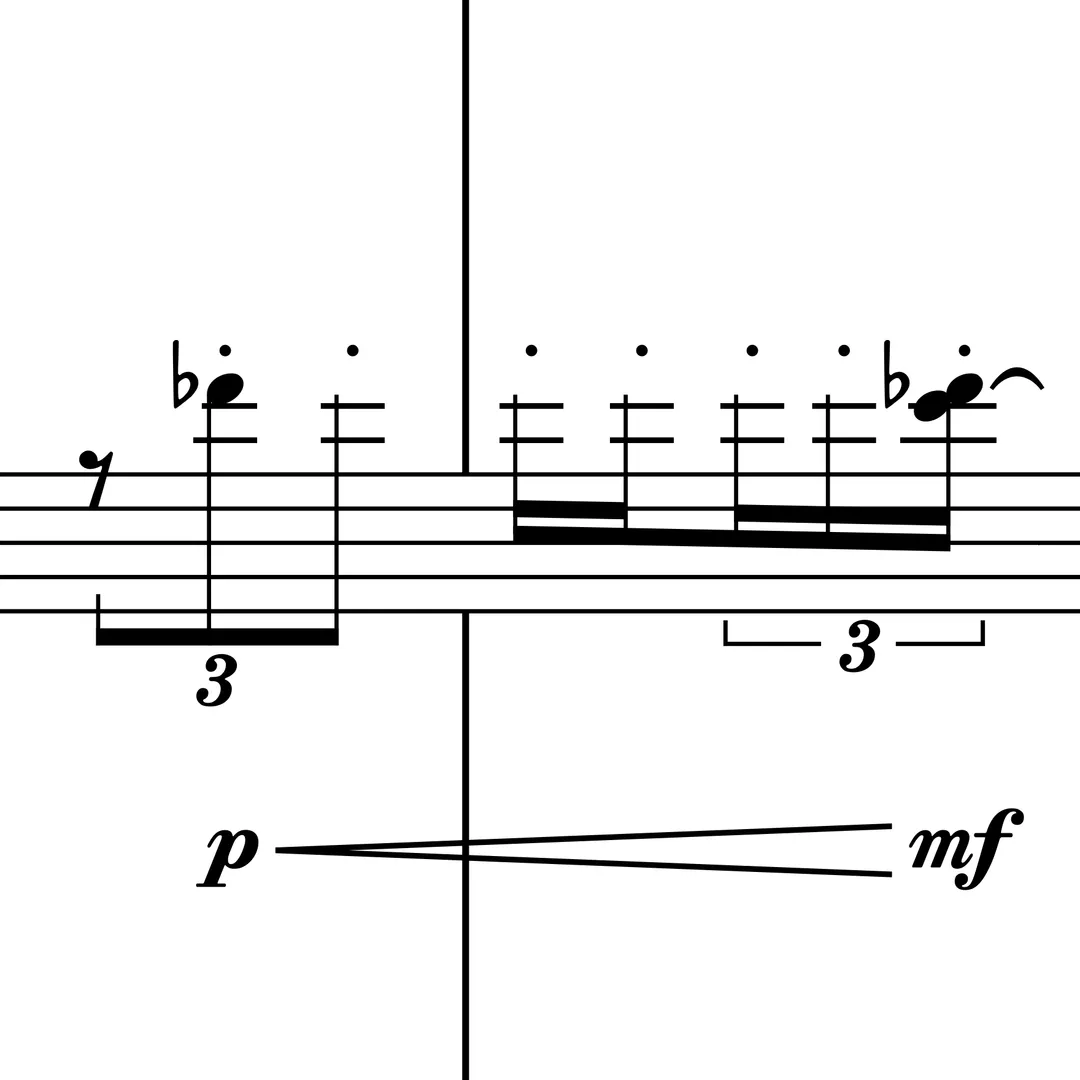 Fragmento de partitura musical con notas agrupadas en tresillos y una indicación dinámica de piano a mezzo-forte.