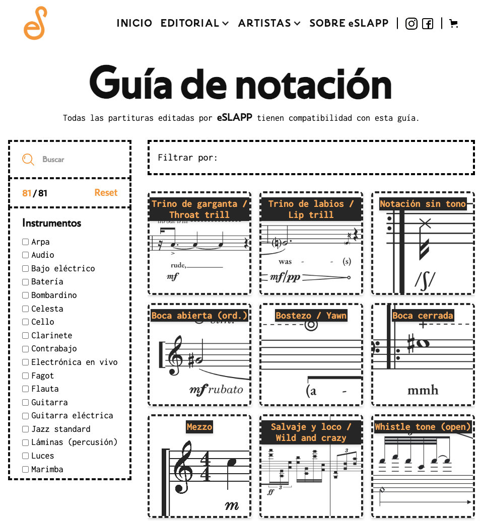 Página web titulada Guía de notación con ejemplos de símbolos musicales y etiquetas como Boca abierta, Bostezo, Boca cerrada, Mezzzo y Salvaje y loco, con menú de navegación y lista de instrumentos a la izquierda.