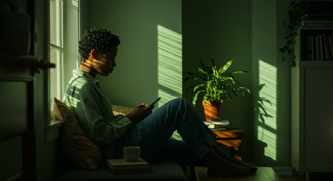 lady on her phone looking in a dark lit room