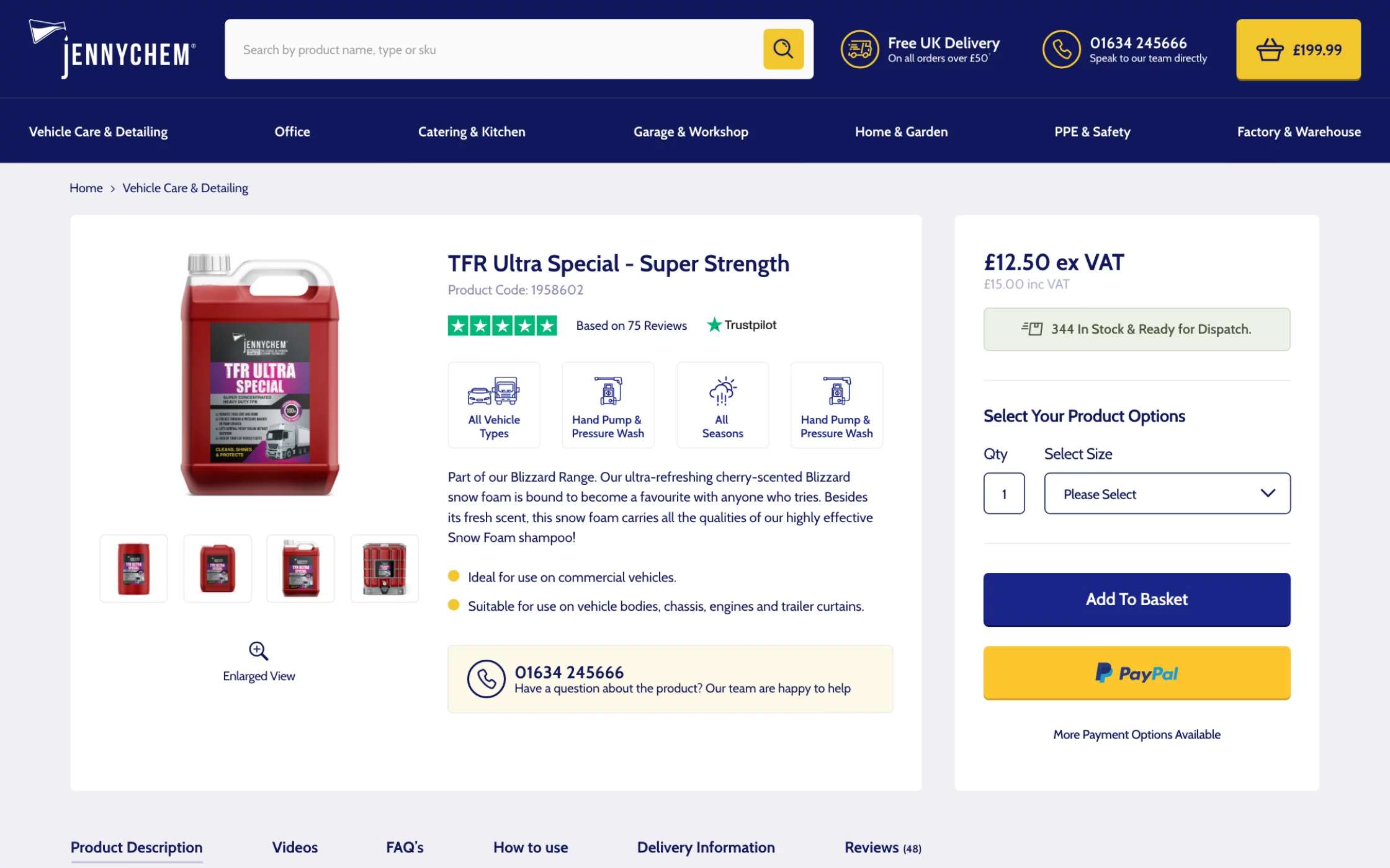 JENNYCHEM TFR Ultra Special cherry-scented snow foam for vehicle care priced at £12.50 ex VAT, showing product image, benefits, customer reviews, and purchase options.