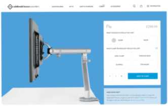 Adjustable monitor arm holding a computer screen against a blue background with a product pricing and purchase details panel on the right.