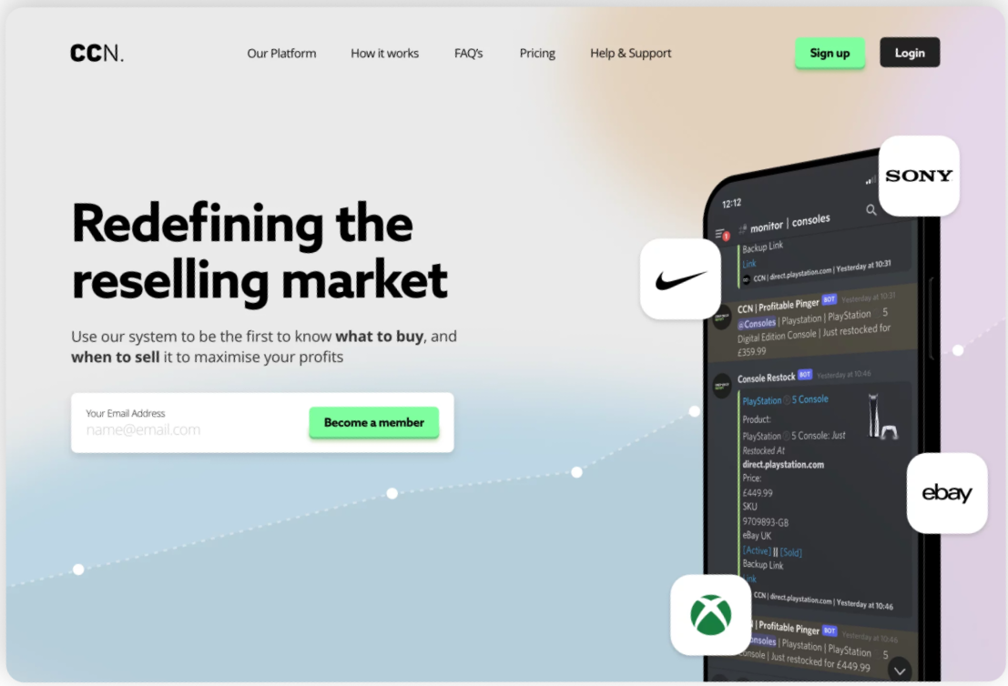 Website homepage showing a platform for reselling market with a signup form and logos of Sony, Nike, eBay, and Xbox around a phone screen displaying console restock notifications.