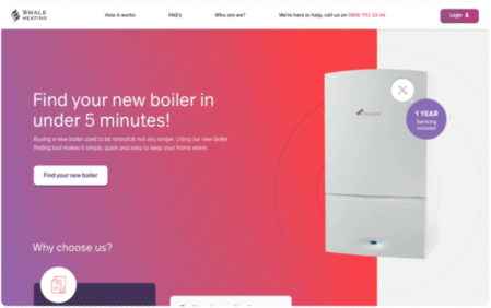 Website homepage featuring a boiler on the right with text encouraging users to find a new boiler in under 5 minutes and a button labeled 'Find your new boiler.'