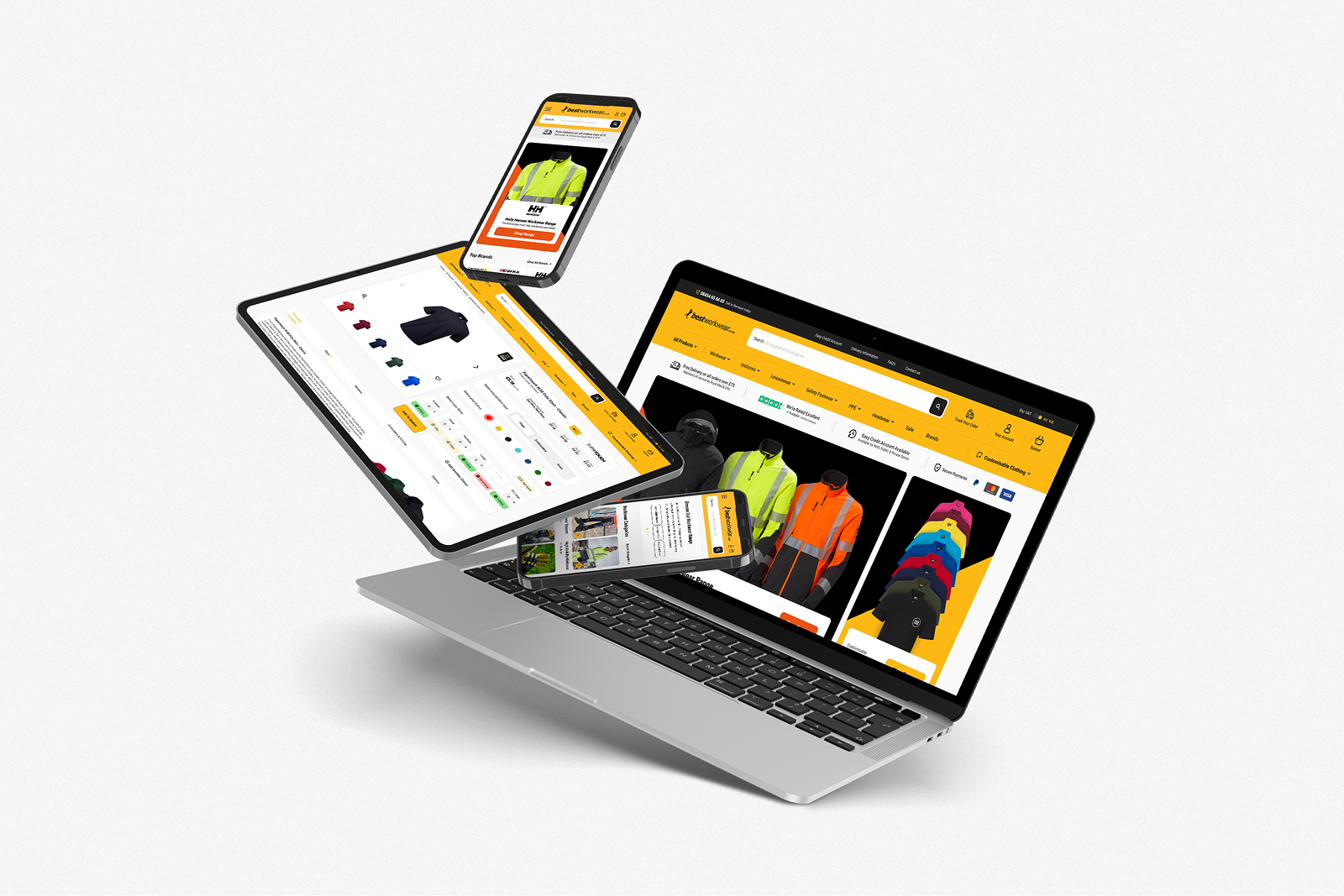 Device collection of best workwear website in various angles and devices to showcase the websites flexibility