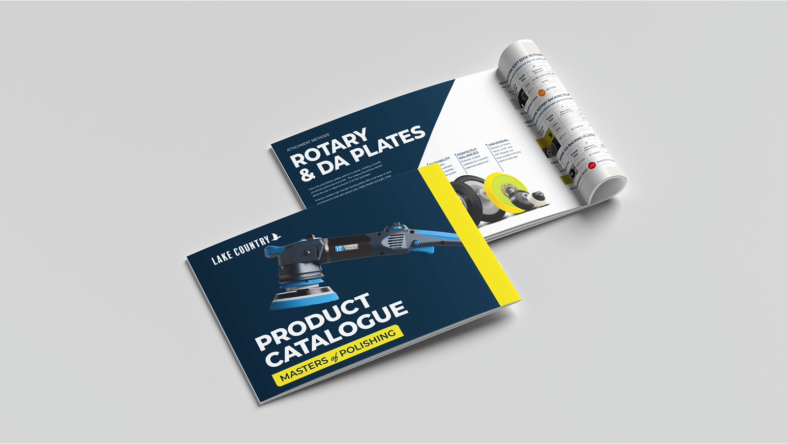 Printed Lake Country product catalogue showcasing professional polishing pads and tools, created as part of our brand design and marketing collateral for the Marine Master and UDO ranges.