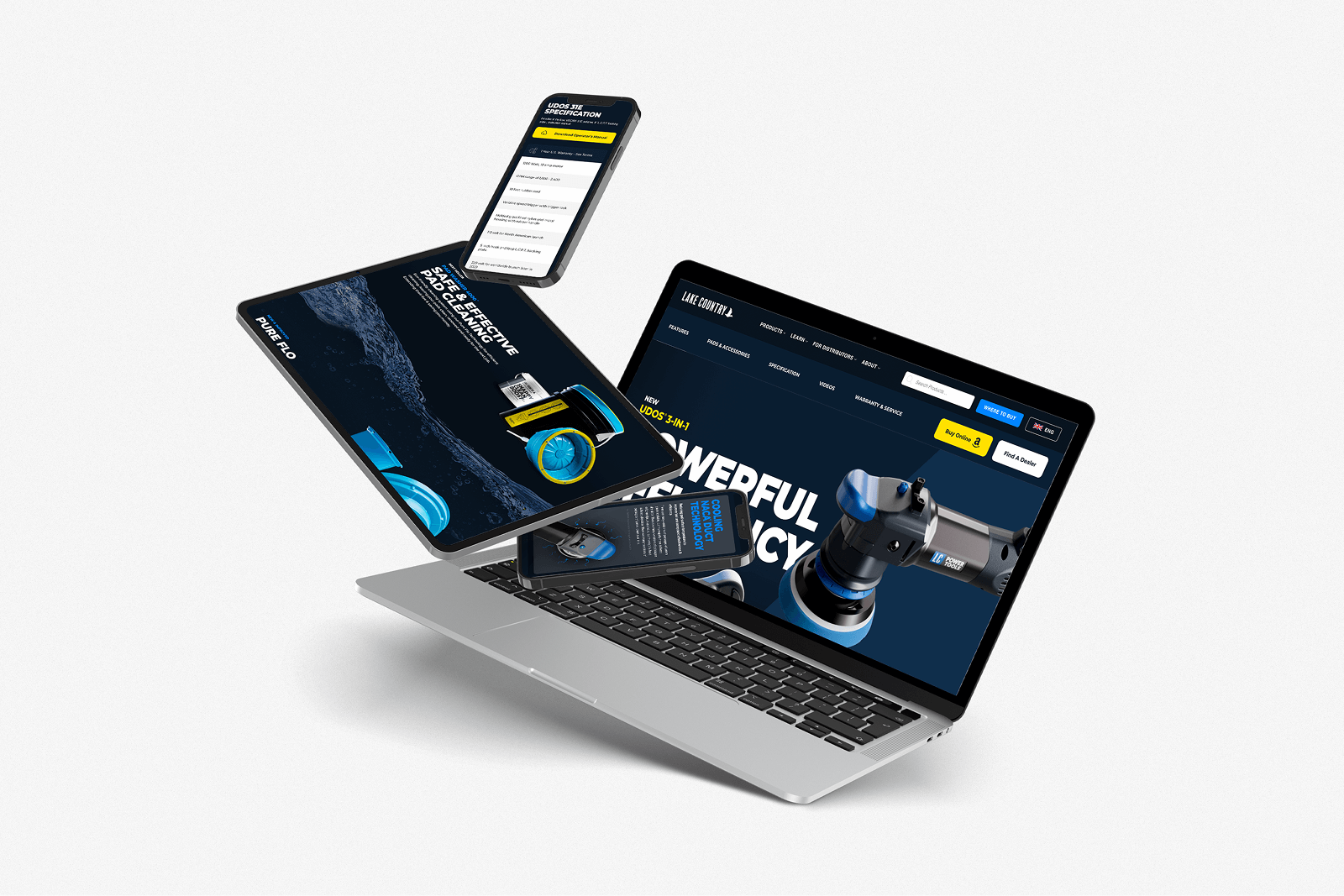 Multi device mockups of the redesigned Lake Country website showing the Marine Master and UDO product pages, highlighting our responsive UX, UI and WordPress development.