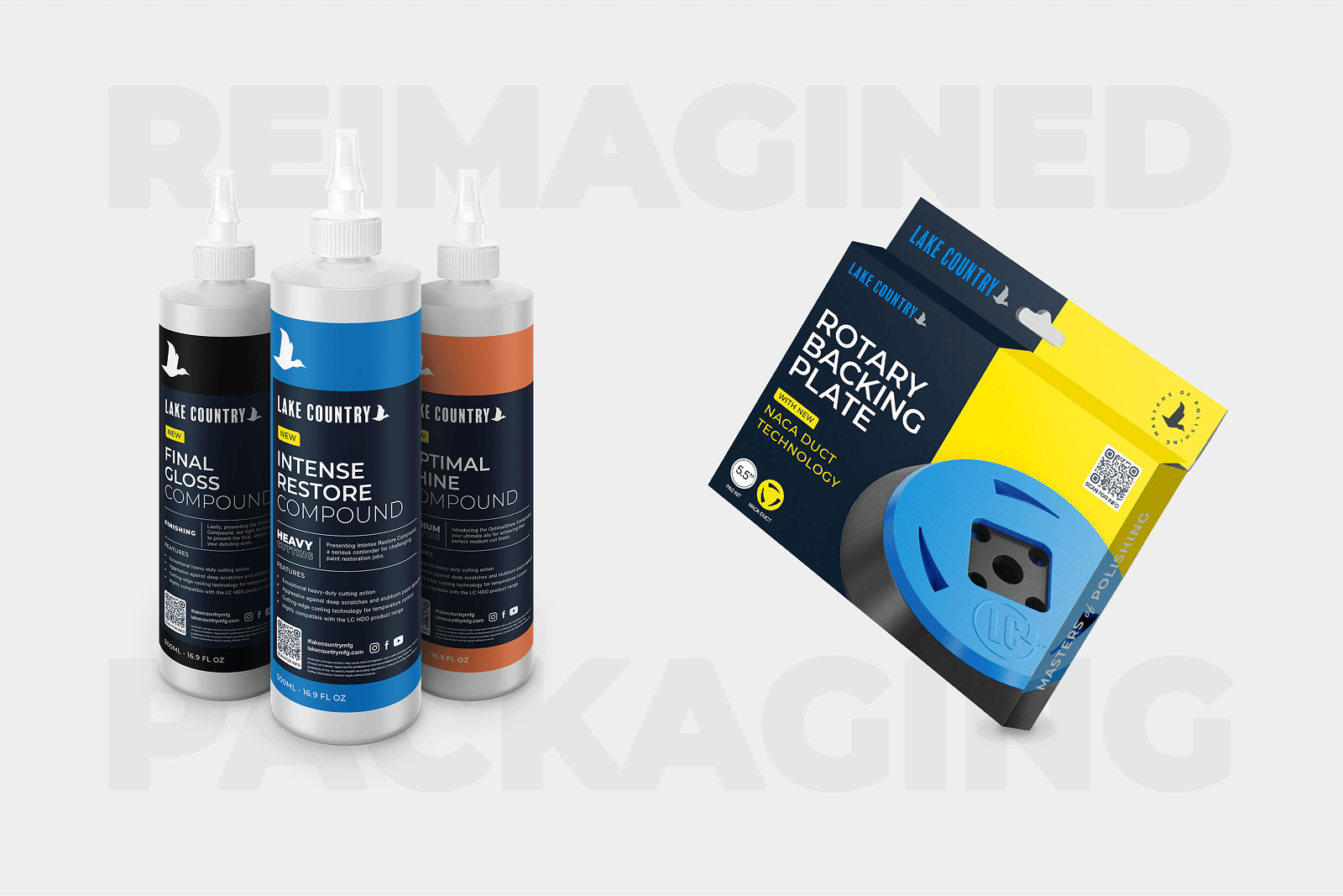 Close up of redesigned Lake Country retail packaging featuring updated branding, NACA duct technology highlight and shelf ready product presentation.