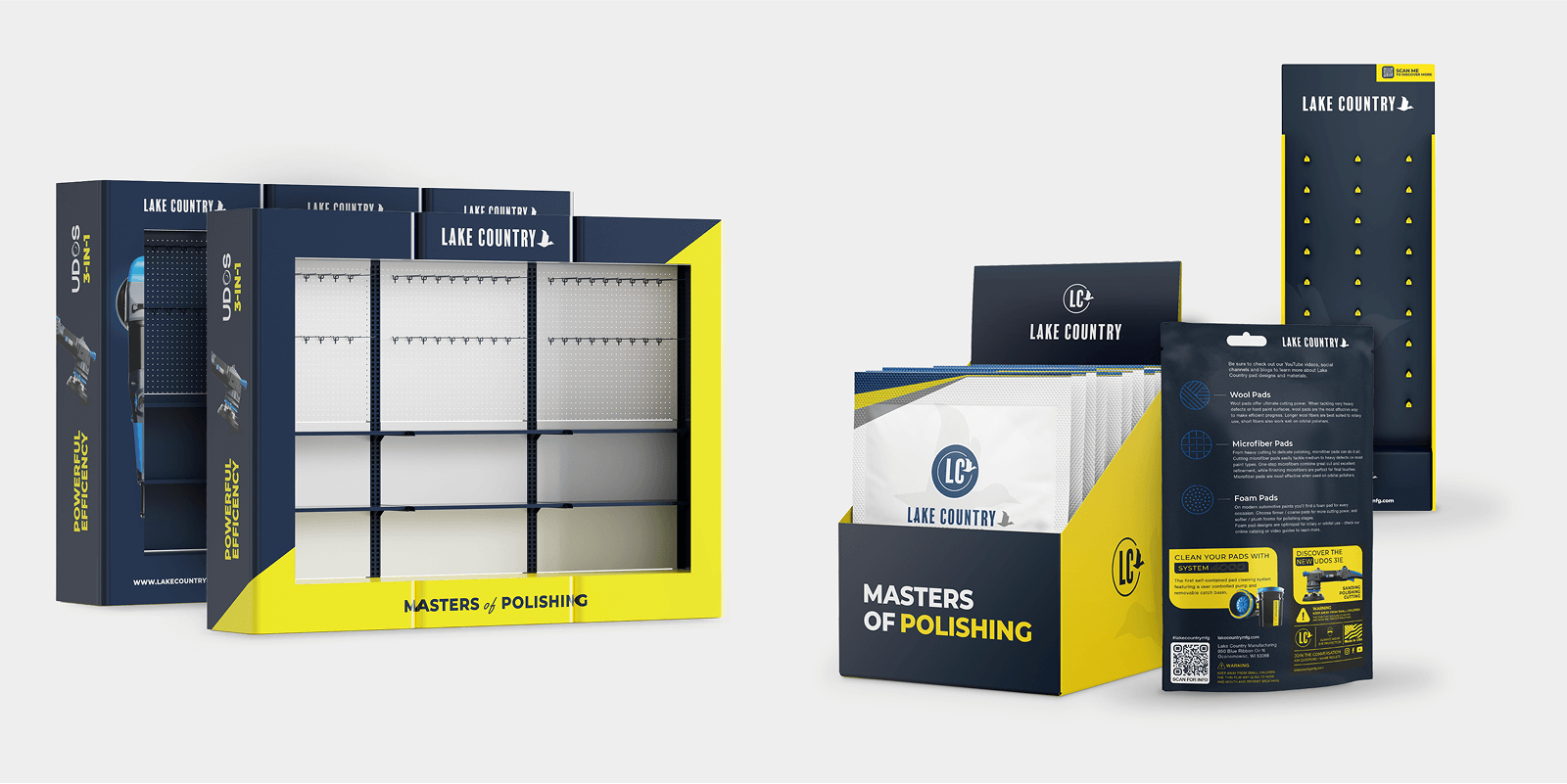 Lake Country product packaging including wool pads, microfibre pads and foam pads, designed to modernise on shelf visibility as part of our branding and packaging overhaul.