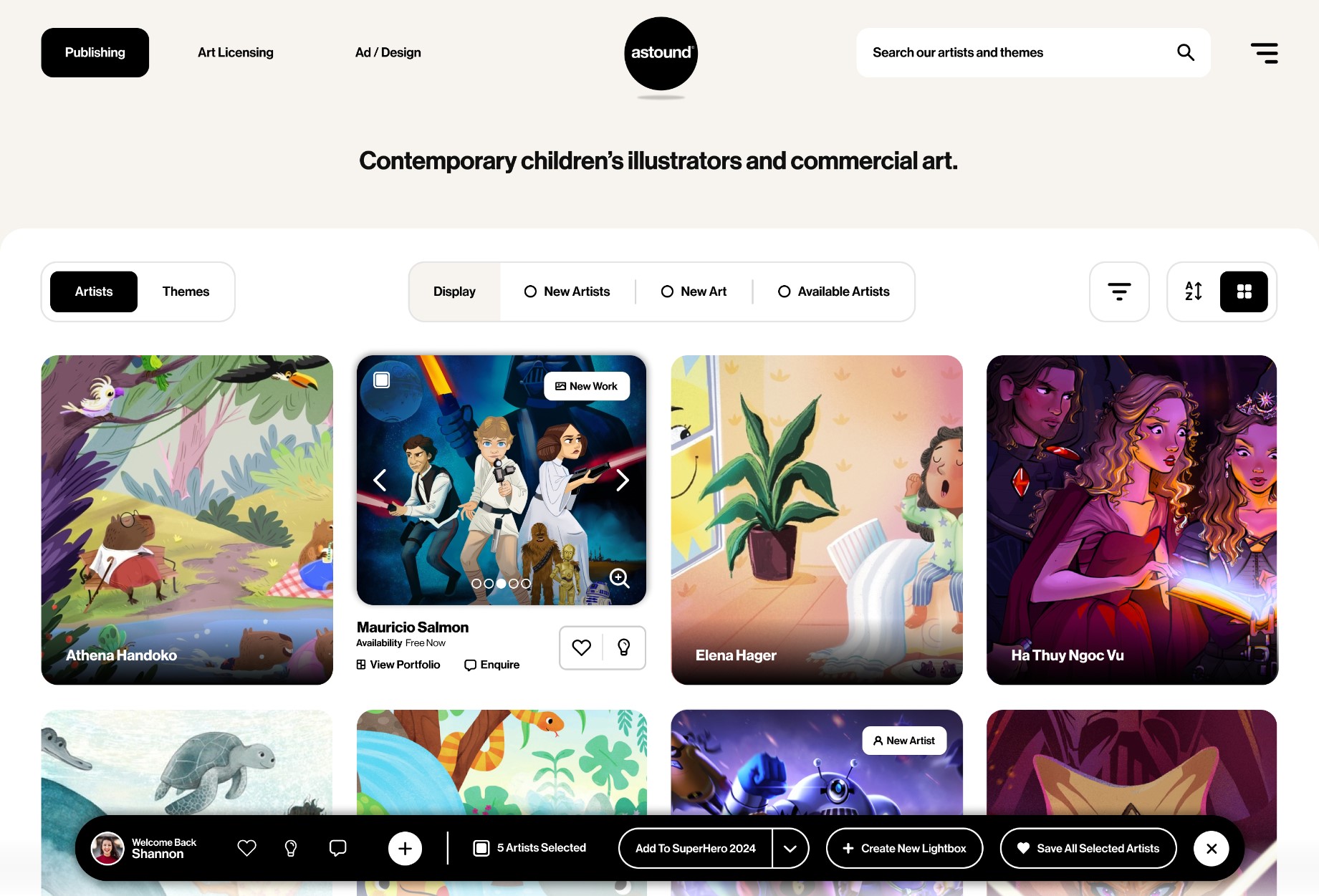 Website page displaying contemporary children's illustrators with thumbnails of artworks and artist names like Athena Handoko, Mauricio Salmon, Elena Hager, and Ha Thuy Ngoc Vu.