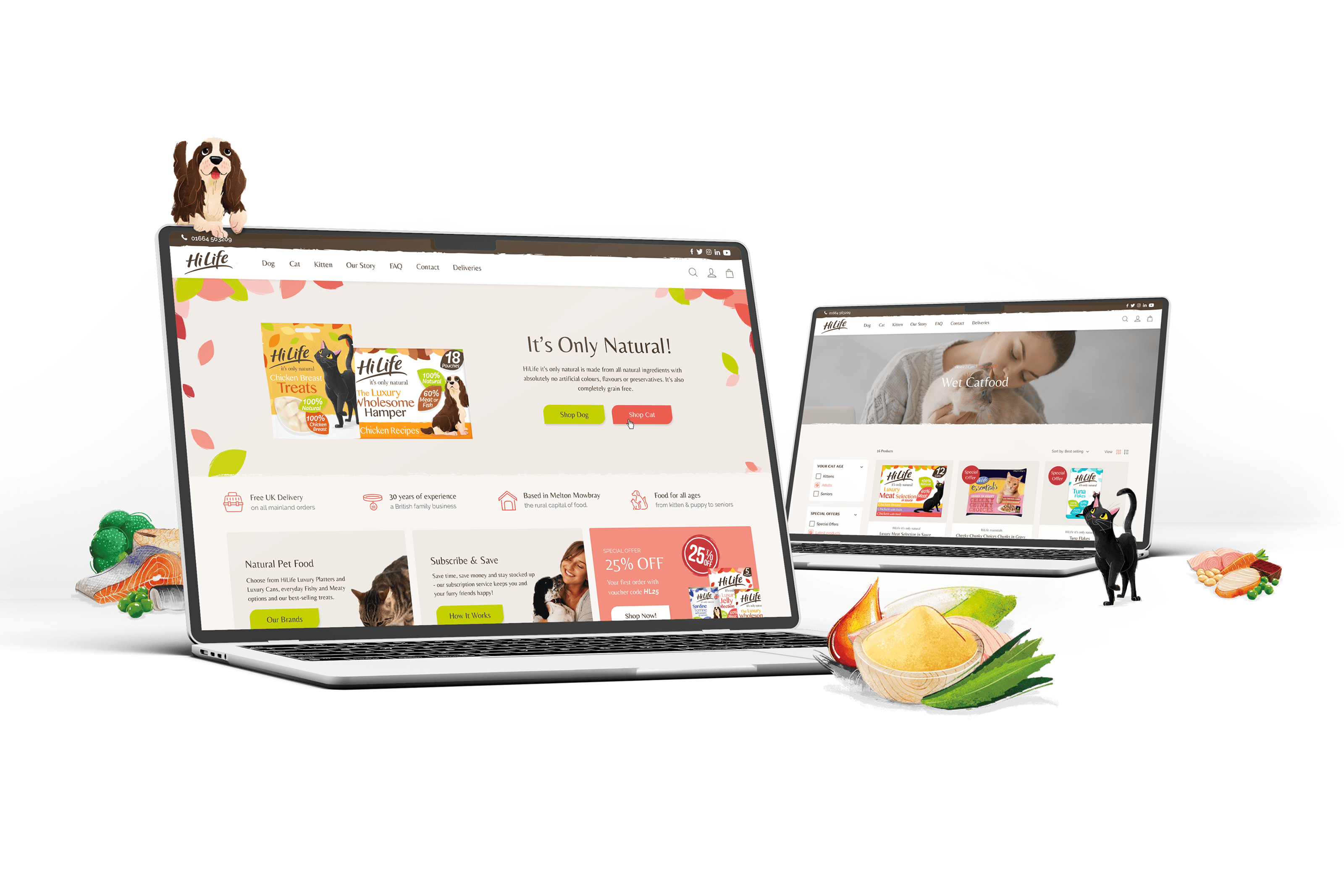 Infographic showcasing the homepage and category page of the custom shopify ecommerce website developed for hi-life pet food