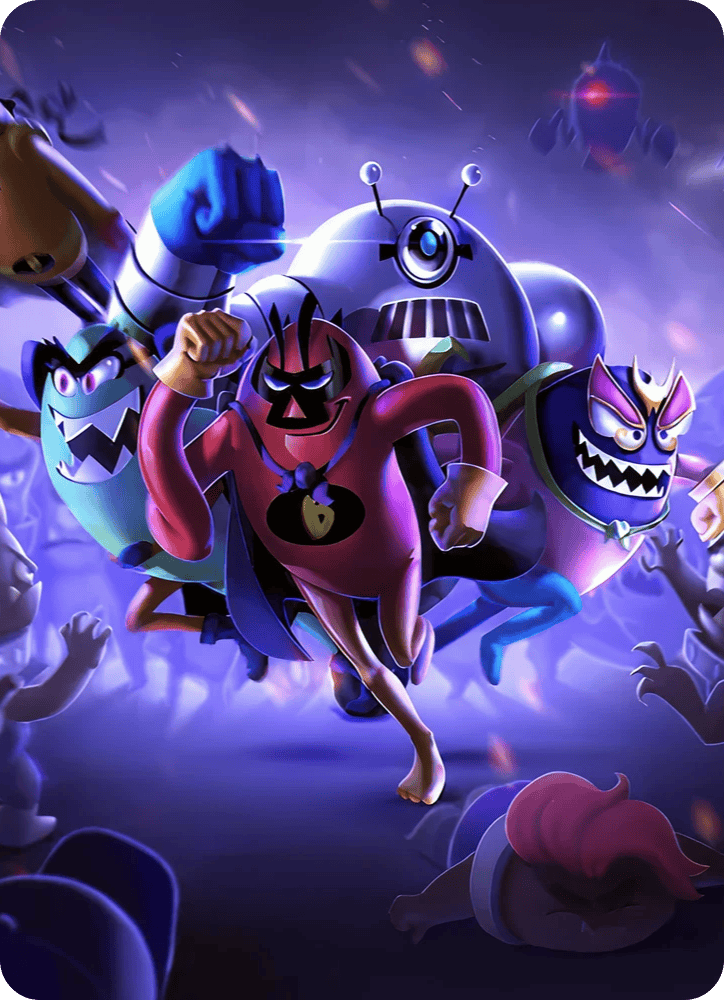 Four cartoonish villain characters with exaggerated features and vibrant colors running forward in a dynamic pose against a dark, smoky background with blurred crowd silhouettes.