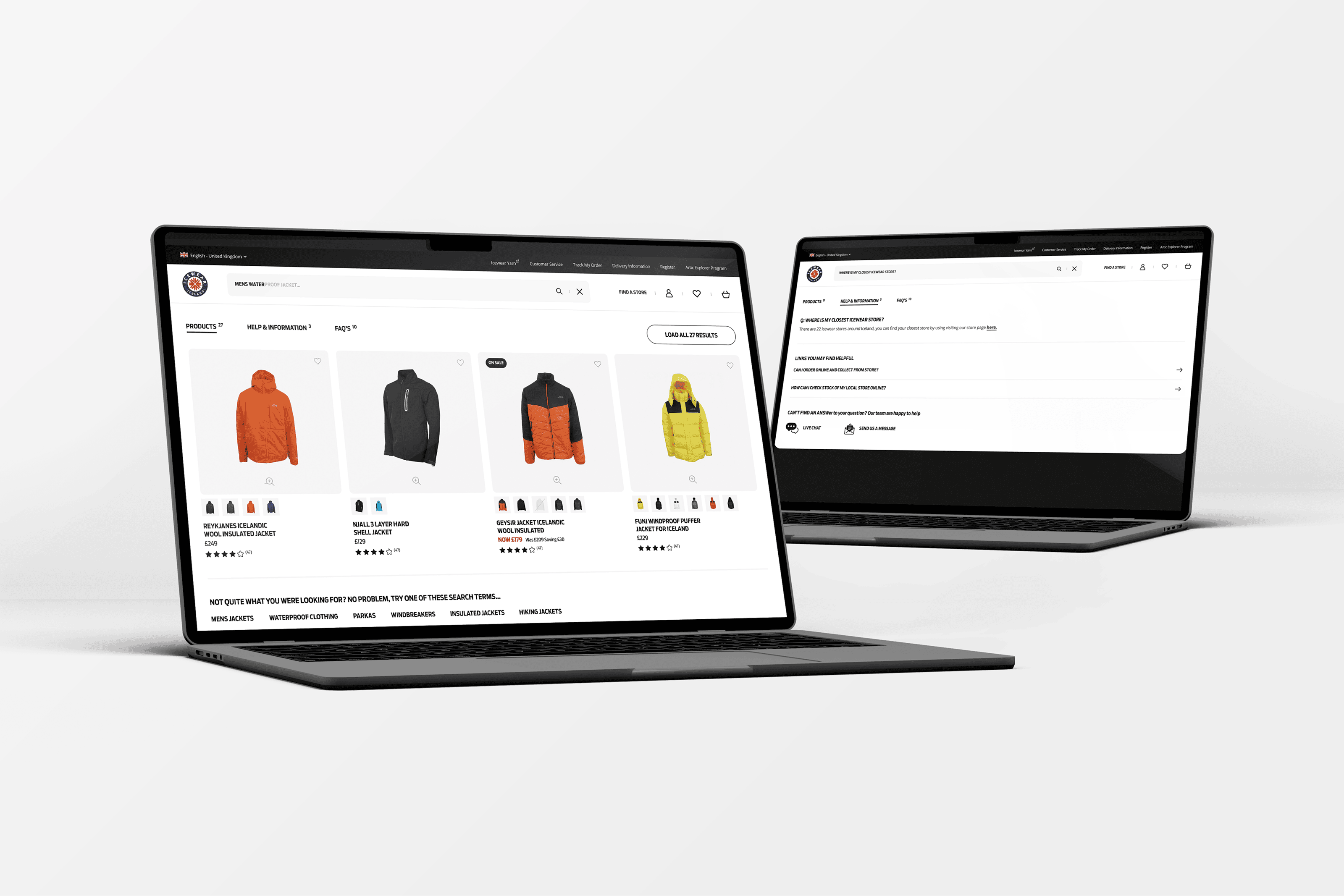 Product listing experience on the Icewear Magento 2 site showing insulated jackets and enhanced filtering UX for outdoor and cold weather apparel.