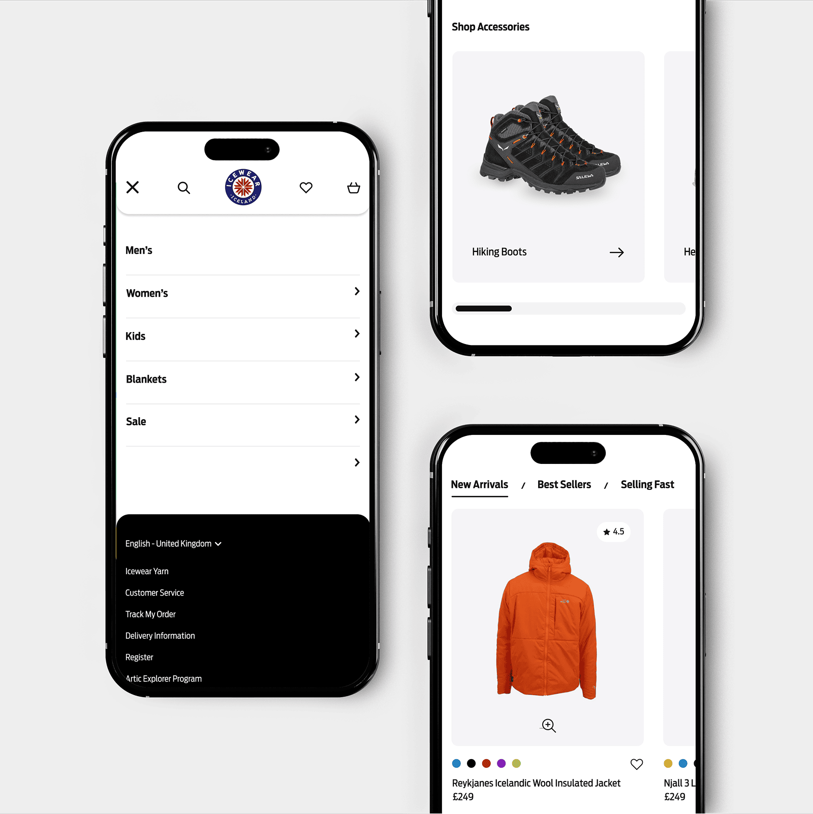 Mobile homepage of the Icewear ecommerce site built on Magento 2, showcasing adventure led UX design with product discovery for insulated outdoor clothing.