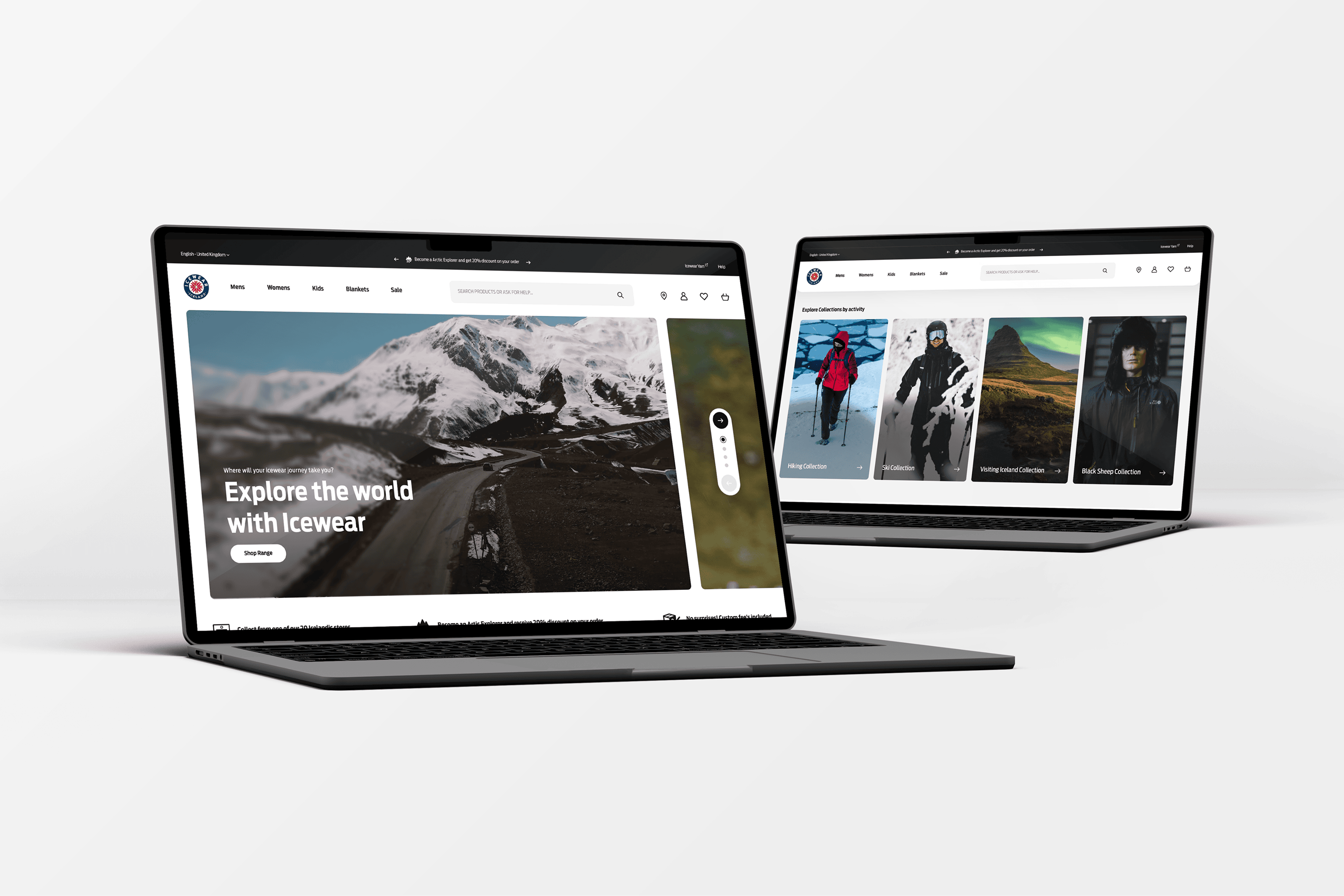 Icewear homepage concept on laptop screens featuring adventure imagery, Magento 2 development, improved product navigation and Icelandic outdoor clothing storyboarding.