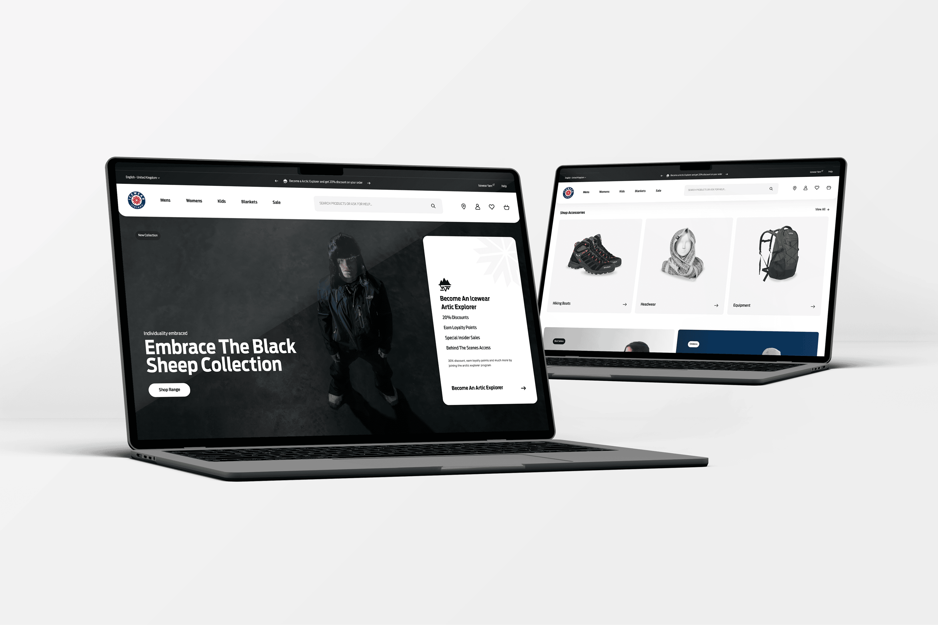 Collection landing page for Icewear showing Black Sheep Collection layouts, demonstrating UX improvements, Magento 2 design and enhanced product merchandising.