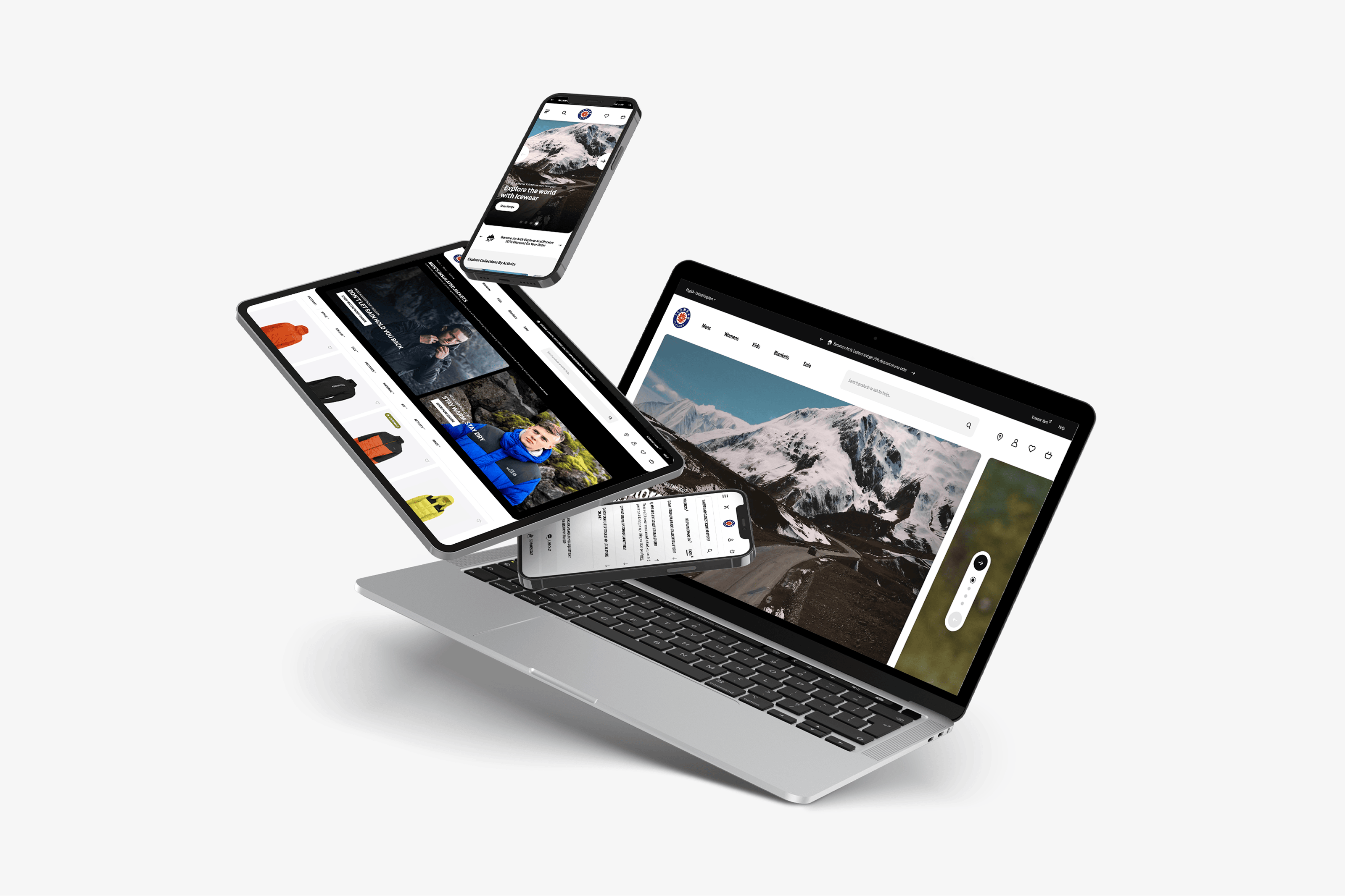 Multi device display of the redesigned Icewear Magento 2 platform showing responsive UX design, product storytelling and custom system integrations for outdoor apparel.